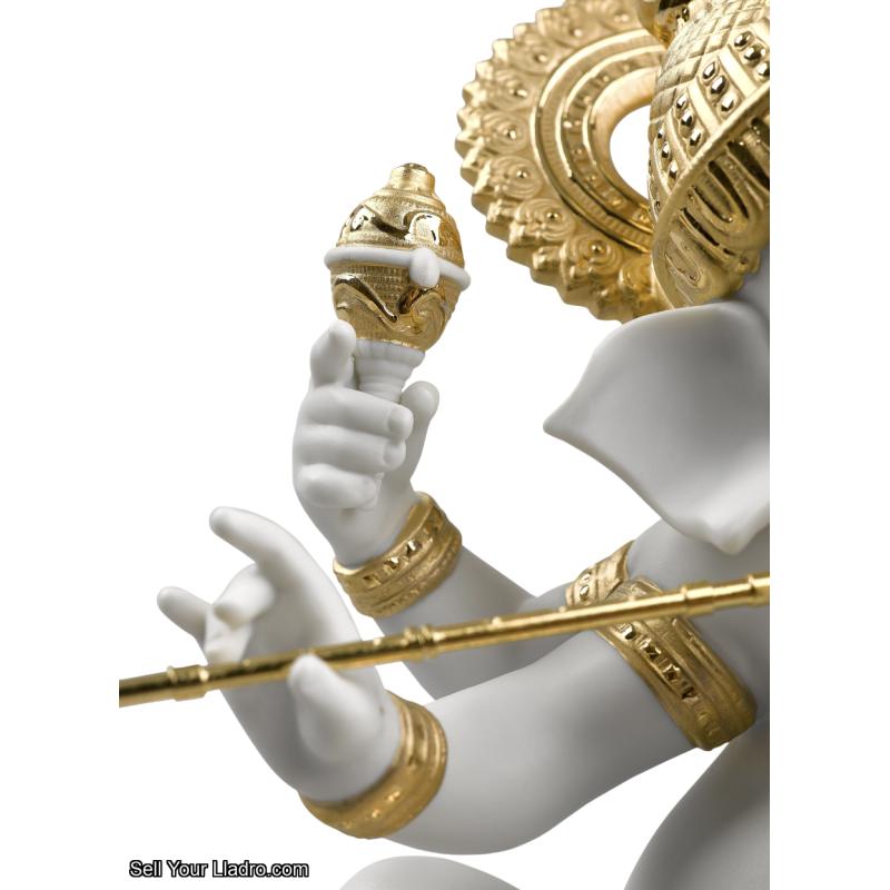 Lladro Bansuri Ganesha Figurine. Golden Lustre 01009277
