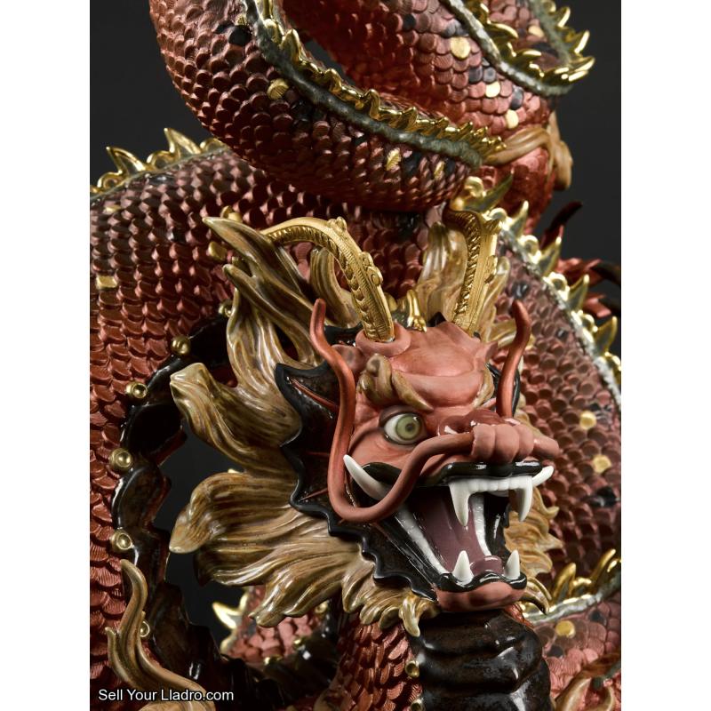 Lladro Protective Dragon Sculpture. Golden Luster and Red. Limited Edition 01002006