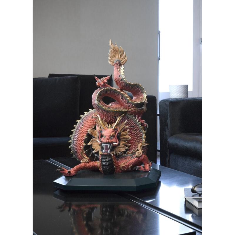 Protective Dragon Sculpture. Golden Luster and Red. Limited Edition 01002006