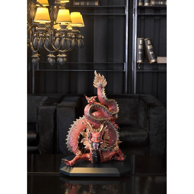 Protective Dragon Sculpture. Golden Luster and Red. Limited Edition 01002006